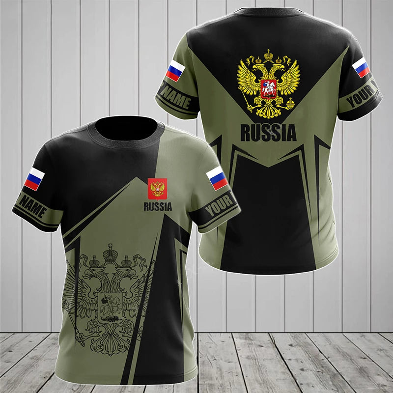 Men's Short Sleeve T-Shirt with Russian Coat of Arms and Flag Design, Customizable Name Option, and Military-Inspired Graphics