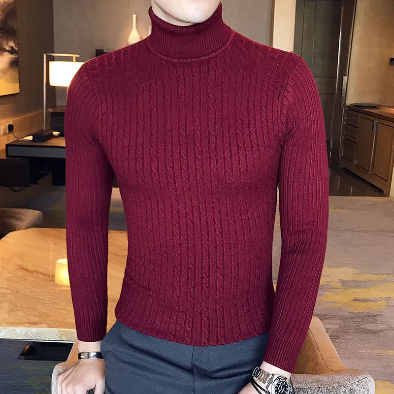 Men's Slim-Fit Ribbed Turtleneck Sweater with Long Sleeves and Soft Knit Fabric