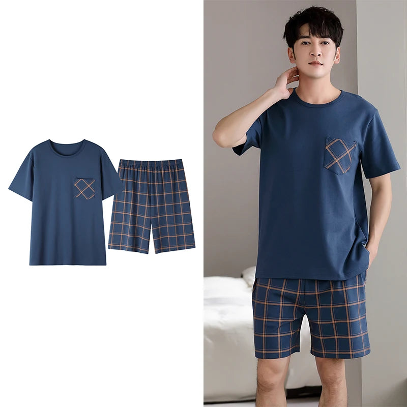 Men's Summer Plaid Pajama Set with Short Sleeve Top and Elastic Waist Shorts Featuring Chest Pocket and Comfortable Fit