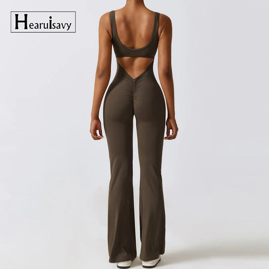 Backless Yoga Jumpsuit for Women with Scrunch Butt Detailing and Flared Legs