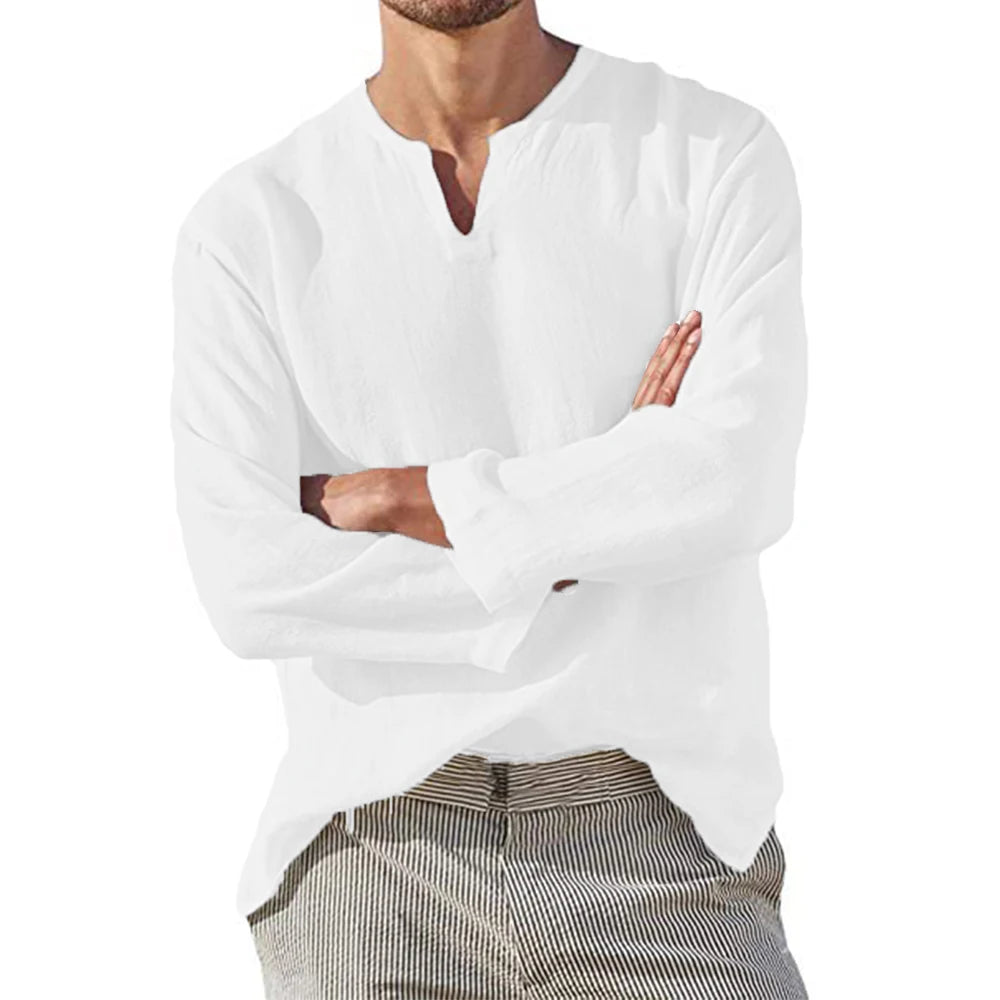 Men's long sleeve linen shirt with split V-neck and relaxed fit for breathable casual wear