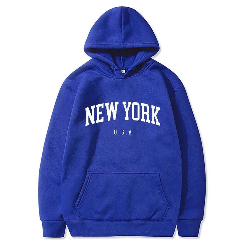 New York USA Graphic Hoodie with Kangaroo Pocket and Ribbed Cuffs for Urban Casual Style