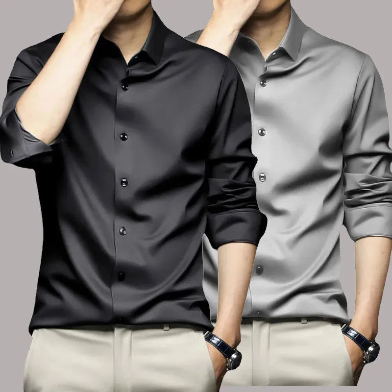 Men's Long-Sleeve Slim Fit Satin Dress Shirt with Button Closure