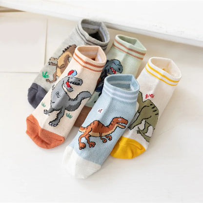 Fun Dinosaur Patterned Ankle Socks for Kids, Soft and Comfortable Pack of Five