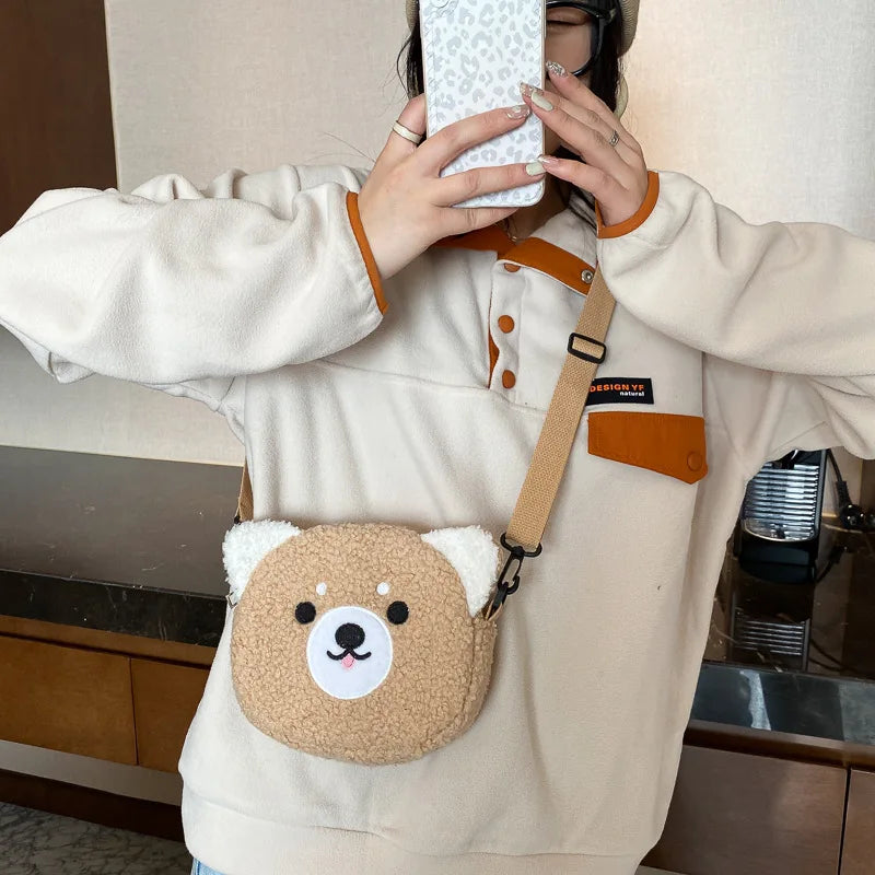 Adorable Animal Plush Crossbody Bag for Women with Adjustable Strap and Cartoon Face Design