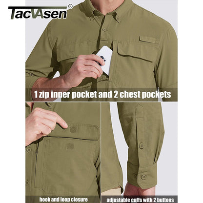 Men's tactical long sleeve shirt with multiple pockets, roll-up sleeves, and button-down design for outdoor and adventure wear