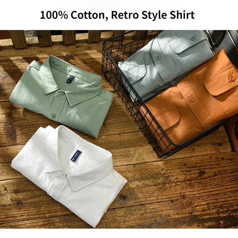 Men's Long-Sleeve Cotton Shirt with Dual Chest Pockets and Button-Up Design for Comfortable and Casual Wear