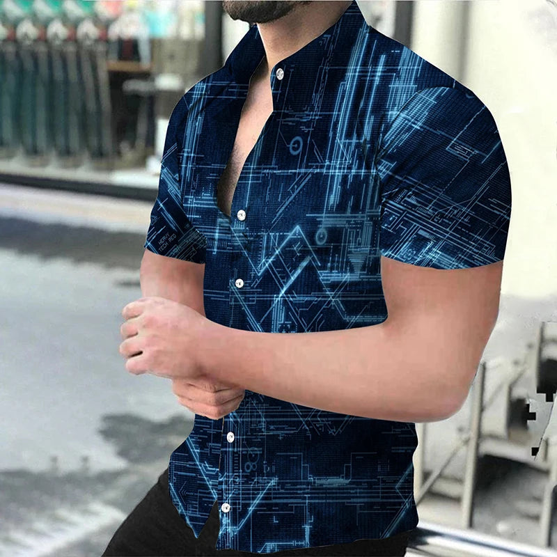 "Men's Short Sleeve Button-Up Shirt with Modern Geometric Print and Slim Fit Design"