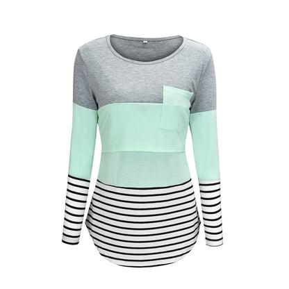 Long-Sleeve Maternity and Nursing Top with Striped Design and Hidden Zipper for Discreet Breastfeeding