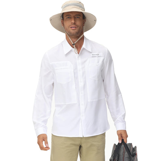 Men's Long-Sleeve Outdoor Shirt with Dual Chest Pockets and Sun Protection, Ideal for Fishing, Hiking, and Travel