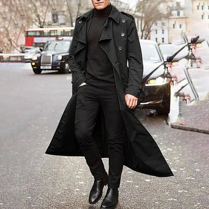 Men's Long Double-Breasted Trench Coat with Epaulets, Turn-Down Collar, and Belted Waist for a Classic and Sophisticated Look