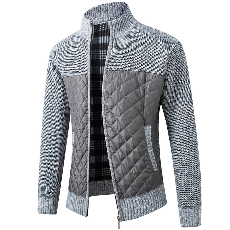 Men's Quilted and Knit Zip-Up Jacket with High Collar and Plaid Lining