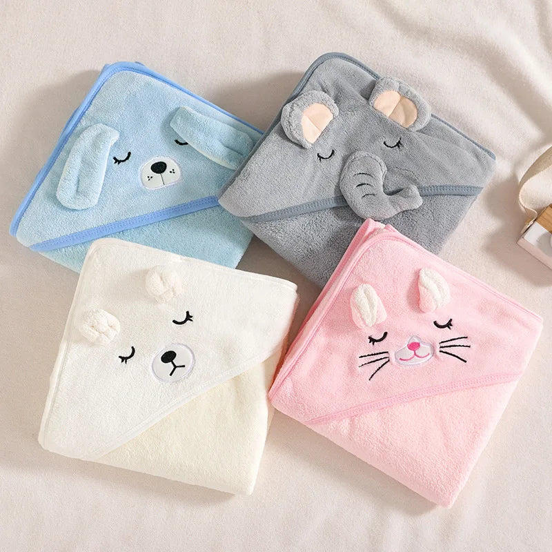 Adorable Baby Hooded Towels with Cute Animal Ears and Embroidered Faces for Comfortable Bath Time Drying