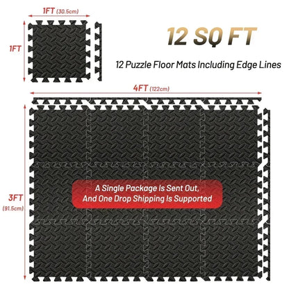 Interlocking Foam Gym Flooring Mats with Non-Slip Surface for Home and Commercial Use - Set of 12 Tiles Covering 12 Square Feet