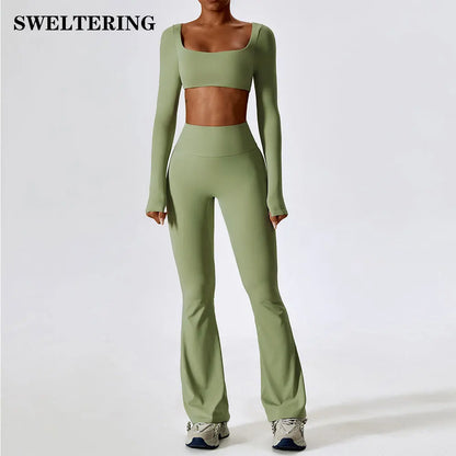 Square-Neck Long-Sleeve Yoga Set for Women with High-Waist Flared Leggings and Thumb Hole Details