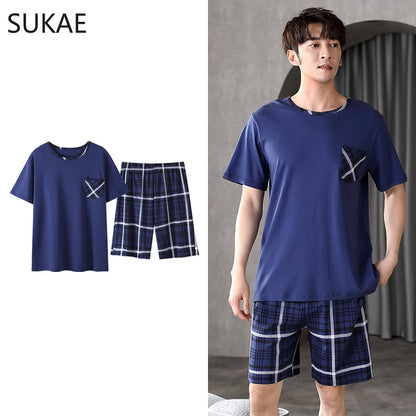 Men's Summer Plaid Pajama Set with Short Sleeve Top and Elastic Waist Shorts Featuring Chest Pocket and Comfortable Fit