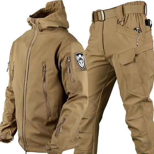 Men's Tactical Jacket and Cargo Pants Set with Multiple Pockets and Adjustable Hood for Outdoor Activities