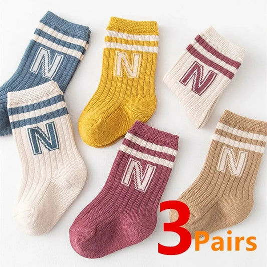 Three-Pair Set of Ribbed Cotton Socks with Striped Top and Embroidered Letter N for Kids