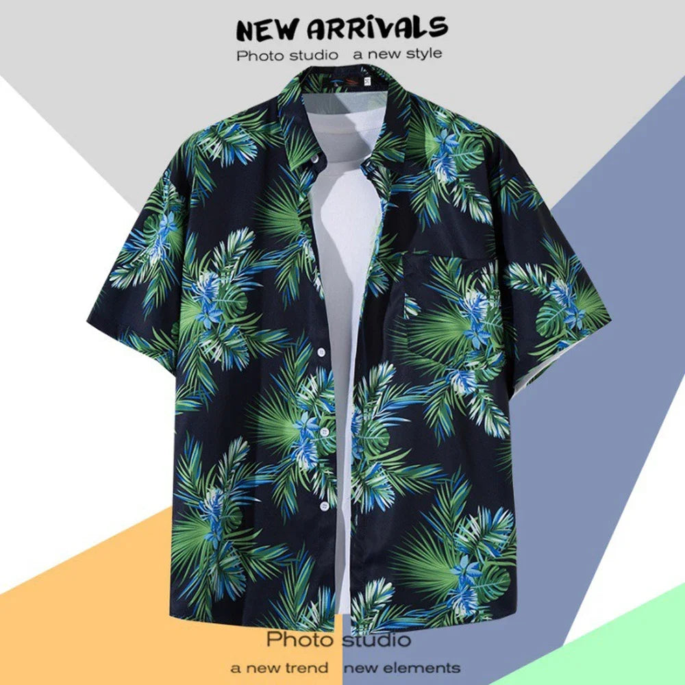 Men's Short-Sleeve Hawaiian Shirt Collection with Vibrant Floral and Tropical Prints, Ideal for Summer Casual Wear