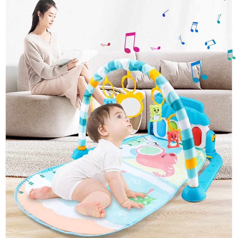 Baby Activity Gym Play Mat with Musical Piano Keyboard, Hanging Toys, and Soft Cushion for Interactive Tummy Time and Sensory Development