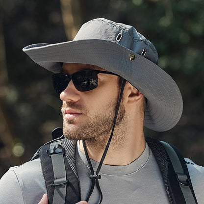 Wide-Brim Waterproof Outdoor Sun Hat with Adjustable Chin Strap and UPF Protection for Hiking and Adventure