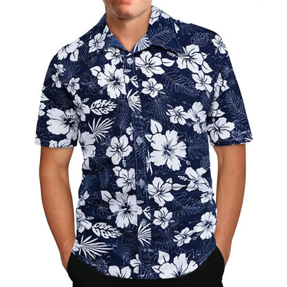 Men's Tropical Print Casual Short Sleeve Button-Down Shirt with Deep V-Neck Design