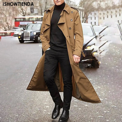 Men's Long Double-Breasted Trench Coat with Epaulets, Turn-Down Collar, and Belted Waist for a Classic and Sophisticated Look