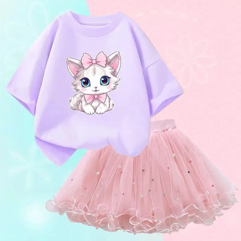 Adorable Kitten Print Top and Sparkly Tulle Skirt Set for Girls – Perfect for Parties and Special Occasions