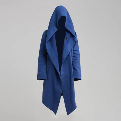 Men's Long Hooded Cardigan with Open Front, Asymmetrical Hem, and Deep Pockets for a Stylish and Modern Look