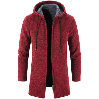 Men's Long Hooded Cardigan with Plush Lining and Full-Zip Closure for Cozy Autumn and Winter Wear