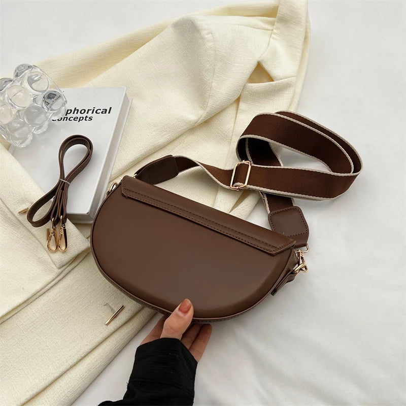 Chic Saddle Crossbody Bag for Women with Curved Flap and Adjustable Strap