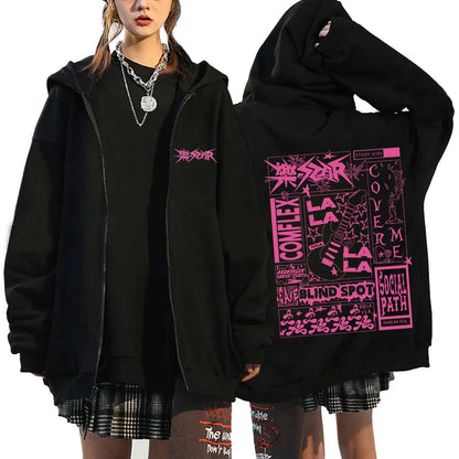 Unisex Streetwear Graphic Hoodie with Bold Arm and Back Designs, Full-Zip Closure, and Oversized Fit for a Trendy Look