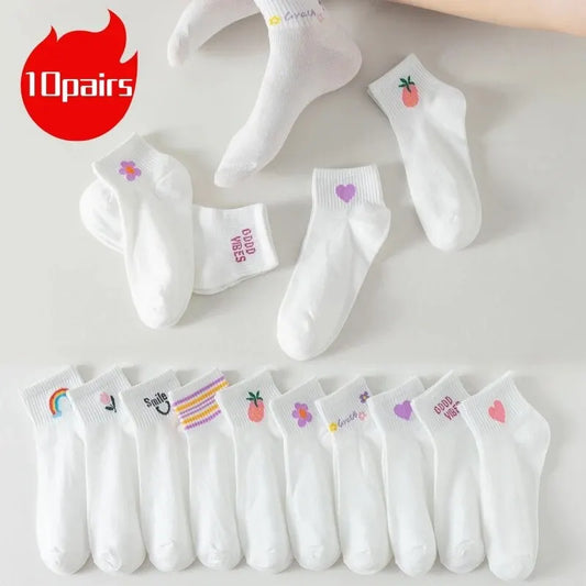 Set of 10 Pairs of Embroidered Ankle Socks for Kids with Cute Patterns and Comfortable Fit