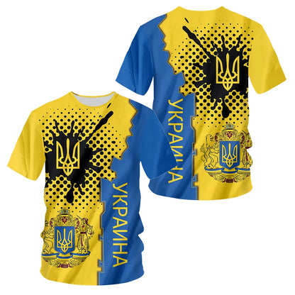 Men's Short Sleeve T-Shirt with Ukrainian Emblem and Flag Design, Featuring Military-Inspired Aesthetics and Patriotic Details