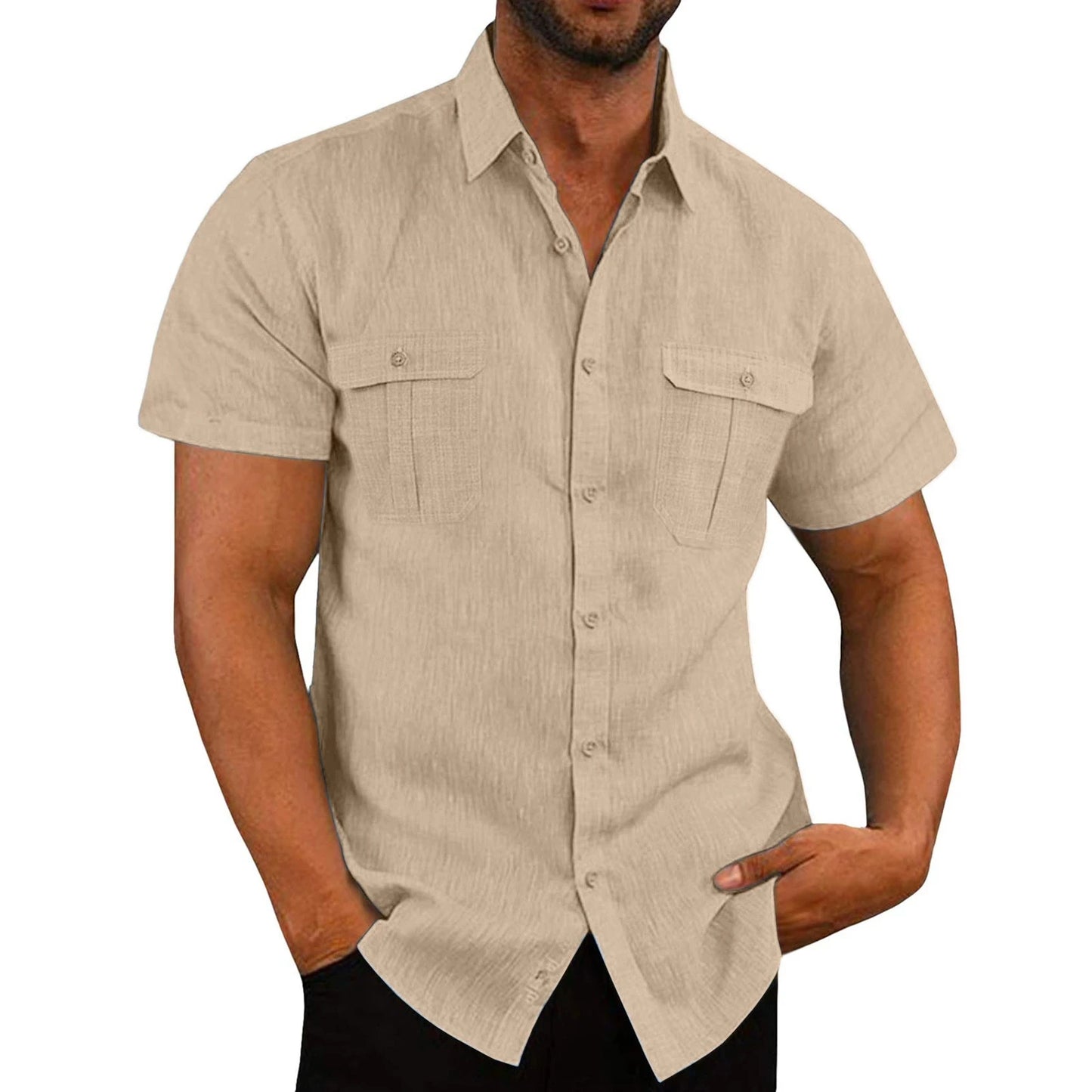 Men's Short Sleeve Linen Blend Button-Up Shirt with Dual Chest Pockets and Turn-Down Collar for Casual and Formal Wear