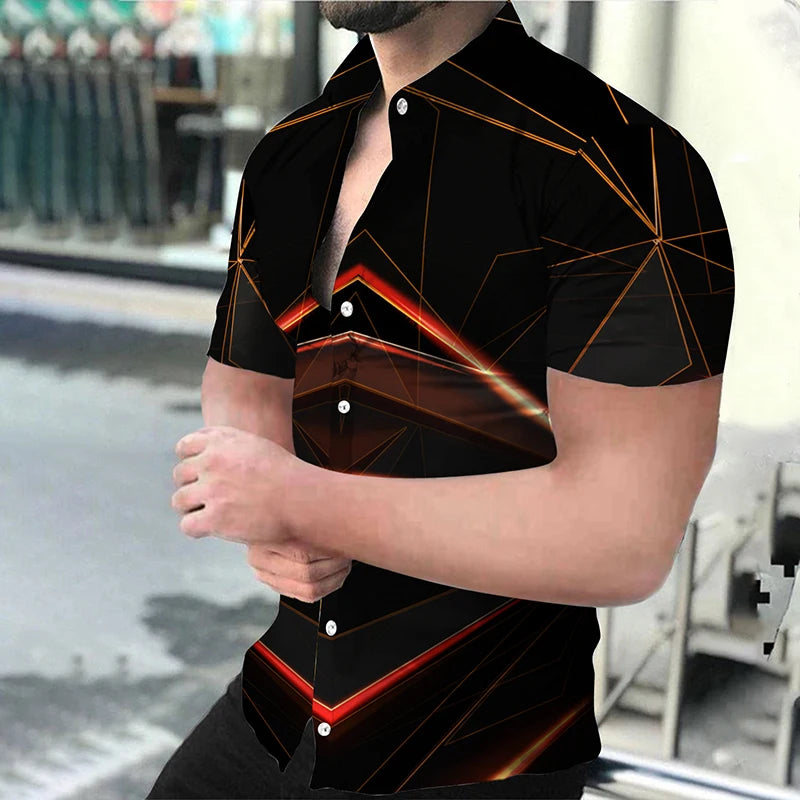 "Men's Short Sleeve Button-Up Shirt with Modern Geometric Print and Slim Fit Design"