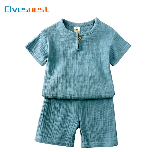 Adorable Toddler Summer Outfit Set with Wooden Button Details and Lightweight Breathable Fabric.