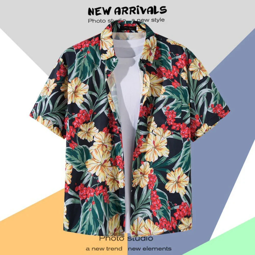 Men's Short-Sleeve Hawaiian Shirt Collection with Vibrant Floral and Tropical Prints, Ideal for Summer Casual Wear