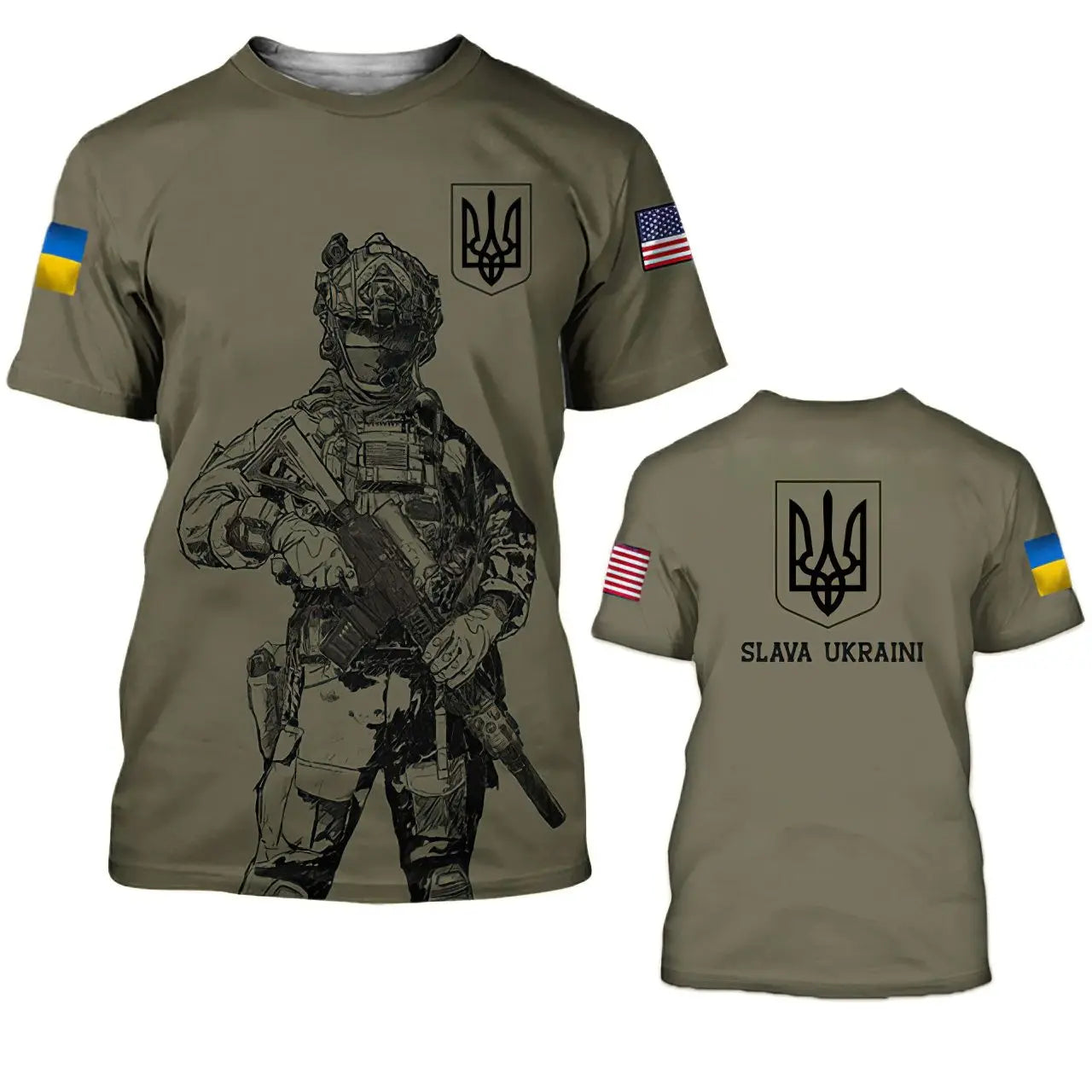 Men's Short Sleeve T-Shirt with Ukrainian Emblem and Flag Design, Featuring Military-Inspired Aesthetics and Patriotic Details