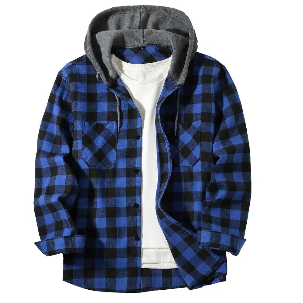 Plaid Flannel Hoodie Shirt with Button-Up Front and Dual Chest Pockets