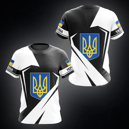 Men's Short Sleeve T-Shirt with Ukrainian Emblem and Flag Design, Featuring Military-Inspired Aesthetics and Patriotic Details