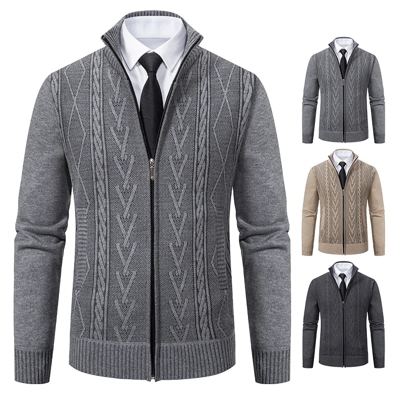 Men's Casual Zip-Up Cardigan with Ribbed Knit Detailing and Full-Length Sleeves