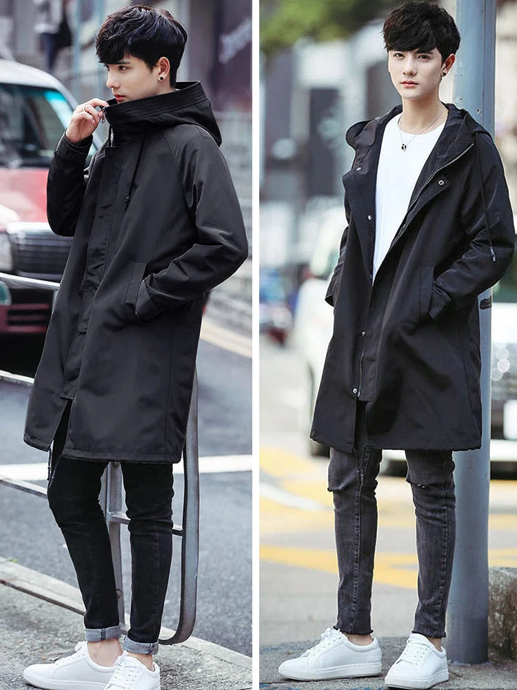 Men's Hooded Long Coat with Mandarin Collar and Open Stitch Closure for a Sleek, Modern Look