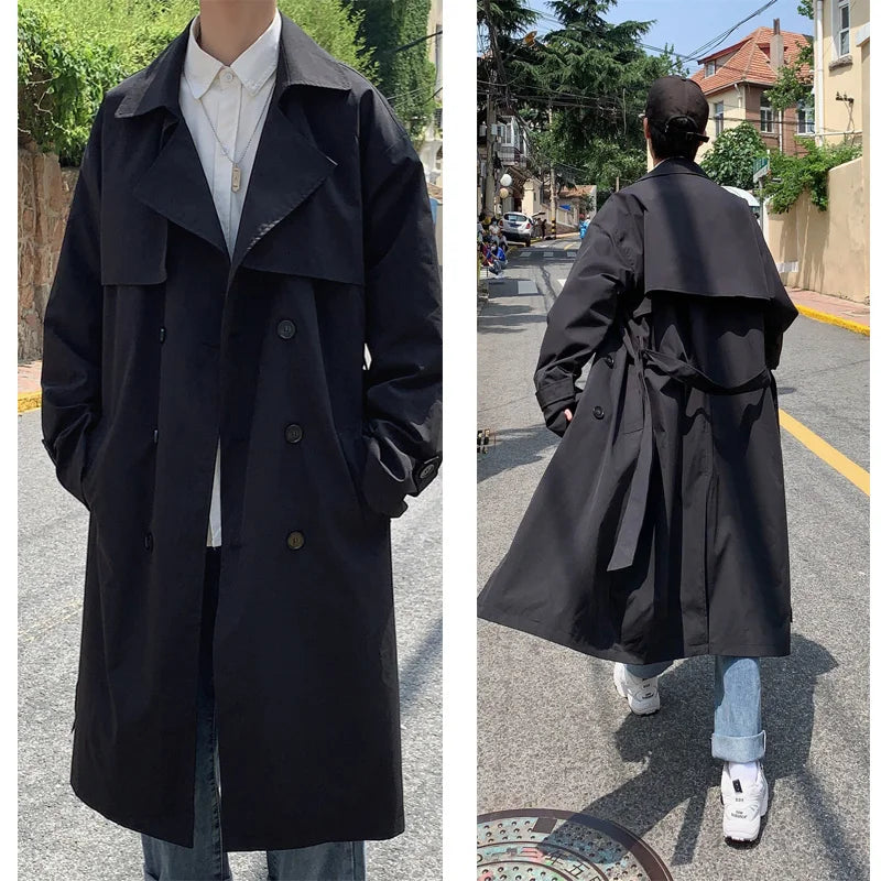 Men's Double-Breasted Trench Coat with Belt and Button Detailing for Stylish Autumn and Winter Wear