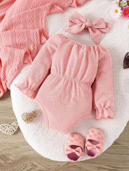 Long-Sleeve Textured Bodysuit with Matching Bow Headband and Heart-Pattern Shoes for Baby Girls