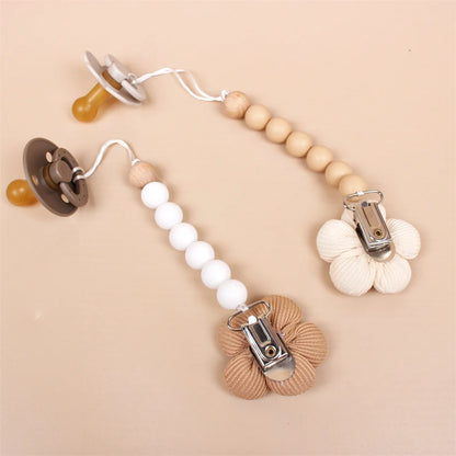 Personalized Baby Pacifier Clips with Wooden Beads and Flower Accents for Teething and Soothing