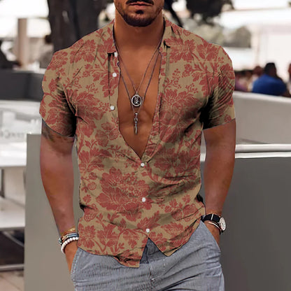 Men's Tropical Print Casual Short Sleeve Button-Down Shirt with Deep V-Neck Design