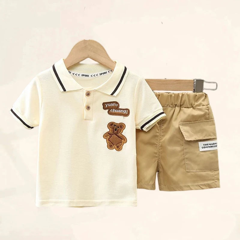 Adorable Polo Shirt and Shorts Set for Boys with Teddy Bear Patch and Casual Style