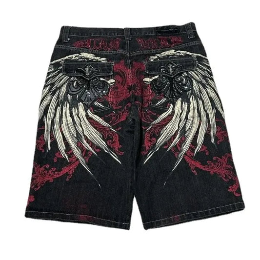 Men's Gothic Style Denim Shorts with Embroidered Wing and Skull Design, Casual Knee-Length Shorts for Streetwear Fashion