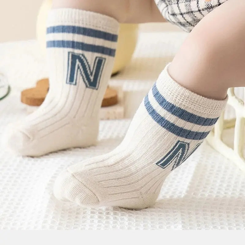 Three-Pair Set of Ribbed Cotton Socks with Striped Top and Embroidered Letter N for Kids